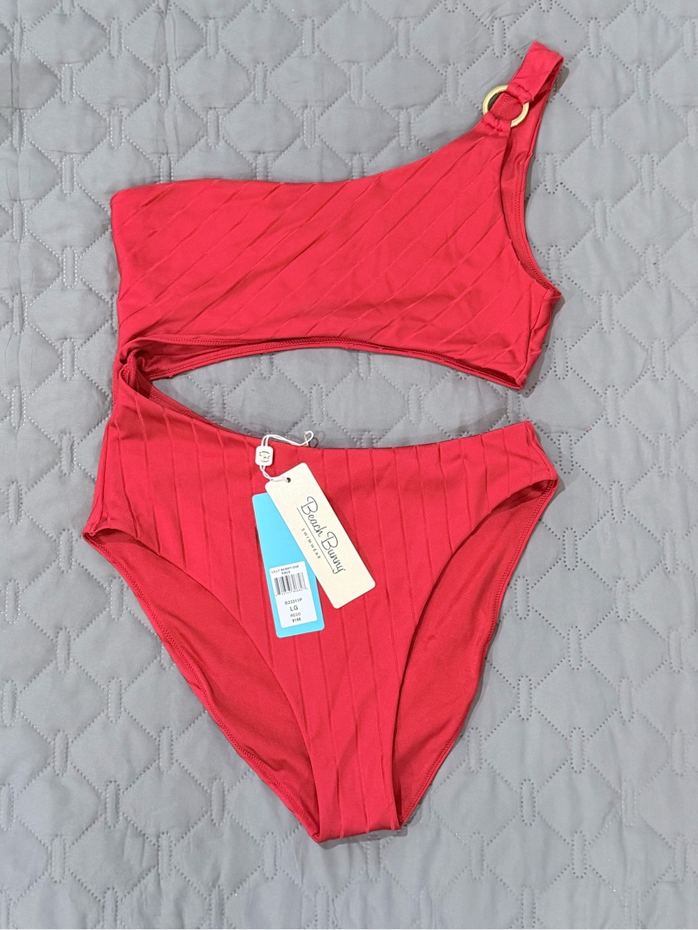 Beach Bunny One-Shoulder Red Ribbed Bikini- sz Large NWT